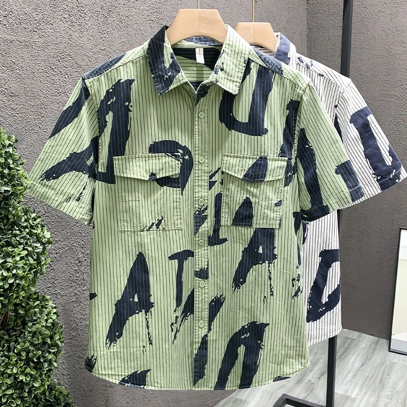 男装印花短袖衬衫专柜轻奢品质休闲夏季薄款纯棉衬衣时尚百搭上衣