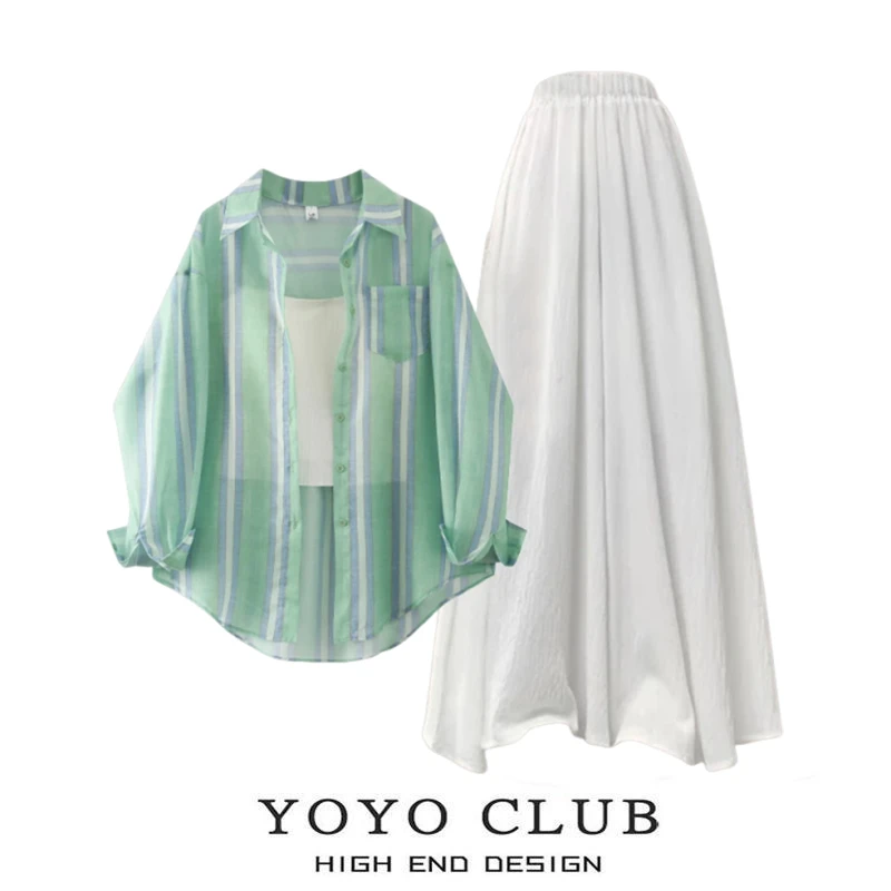 夏季穿搭一整套女装2025新款时尚防晒衬衫吊带收腰显瘦裙裤三件套