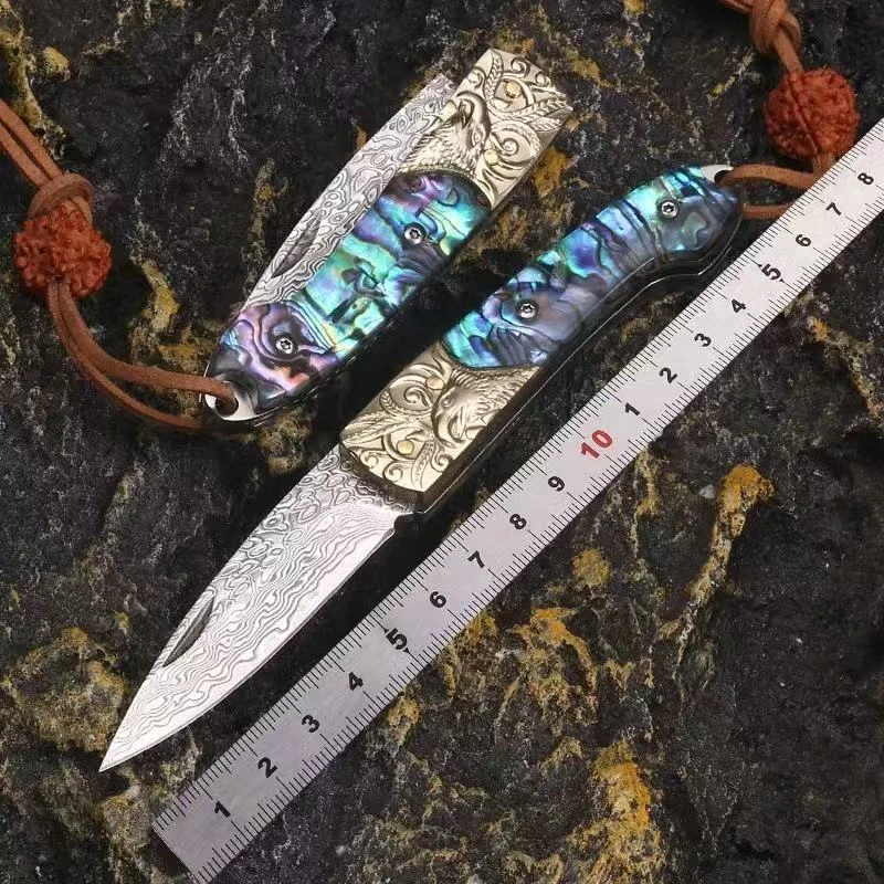 金雕大马士革高端精美吃肉手工高硬度锋利便携收藏家用水果刀露营