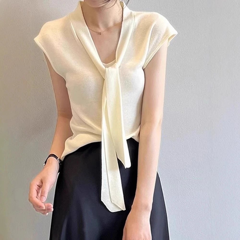短款夏季法式设计感领披肩气质修身显瘦小飞袖冰丝薄款衫女洋气