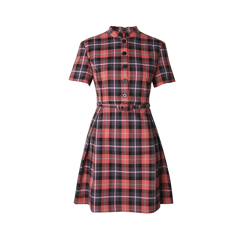 复古格子A字中长裙百褶高腰时尚女士夏季经典格纹连衣裙CEA2003