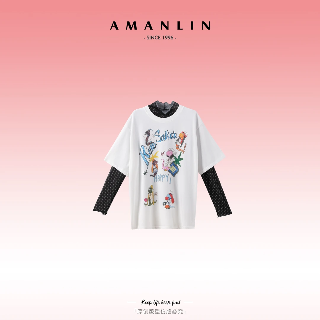 AMANLIN/阿谩琳气质显瘦短袖欧若风印花百搭小众两件套装Y595790