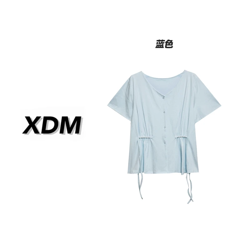 V领珍珠系带捏褶收腰显瘦衬衣夏季大码女装短袖衬衫T恤3266