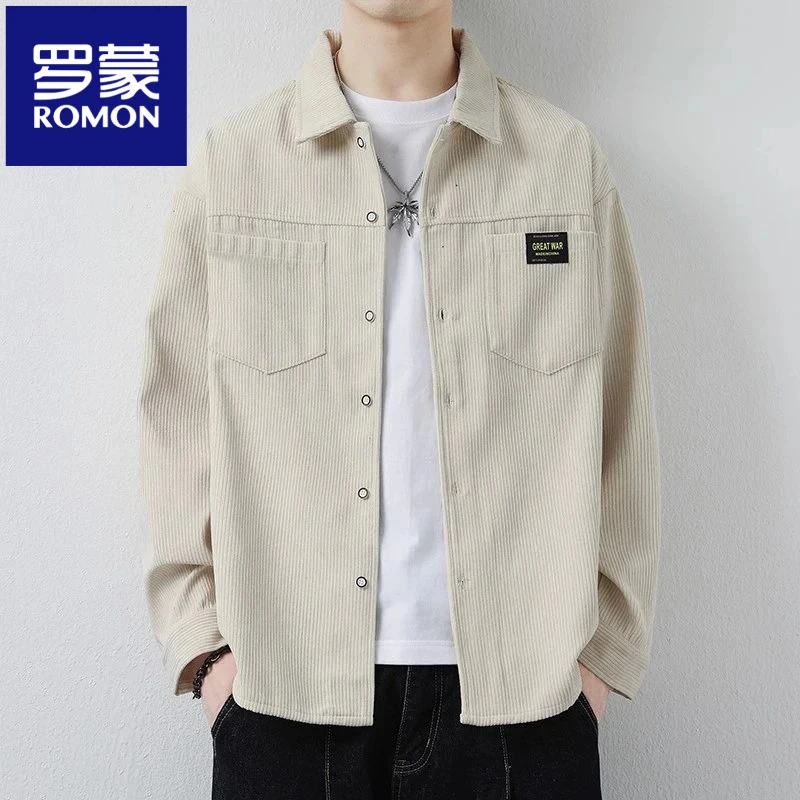 罗蒙宽松小众翻领长袖衬衫男士春秋休闲韩版夹克时尚潮流休闲外套