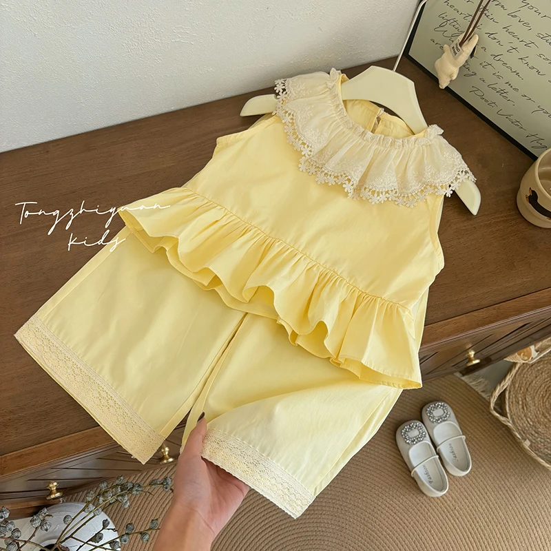 女童夏季时尚洋气黄色蕾丝边无袖套装女宝宝休闲洋气时尚品质童装