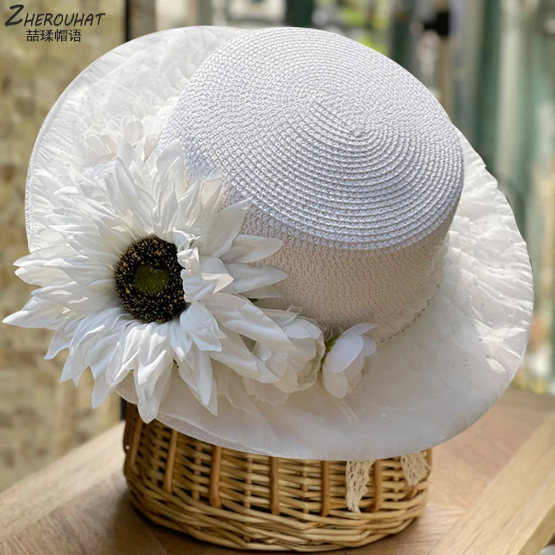 新款白色花朵草帽女士春夏季户外旅游度假遮阳沙滩帽结婚高档礼帽