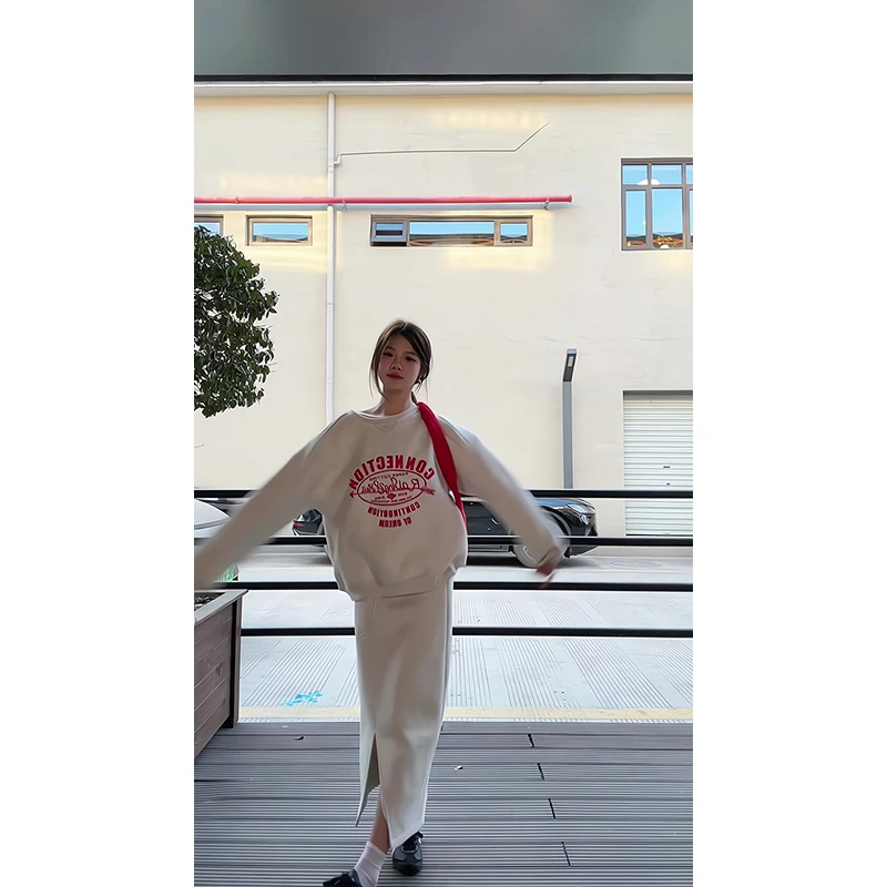 韩系穿搭套装女2025早春慵懒风休闲宽松长袖卫衣高腰显瘦半身裙