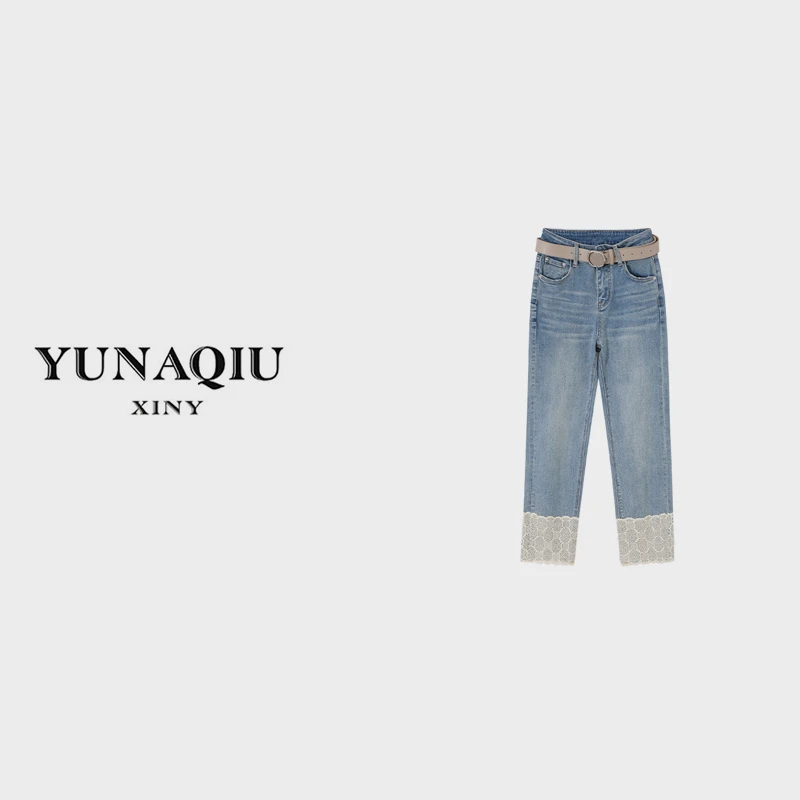 YUNAQIU 重工刺绣牛仔裤水洗轻奢高腰直筒时尚九分裤女长裤-5506