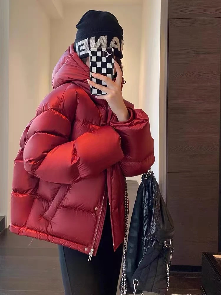 2024新款连帽加厚款里外同料羽绒服保暖百搭时尚女款气质冬季纯色