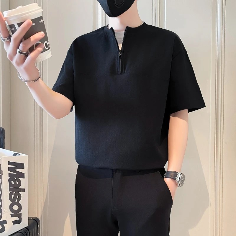 假两件短袖男款夏季半拉链t恤2025新款网红洋气炸街男装半袖体恤