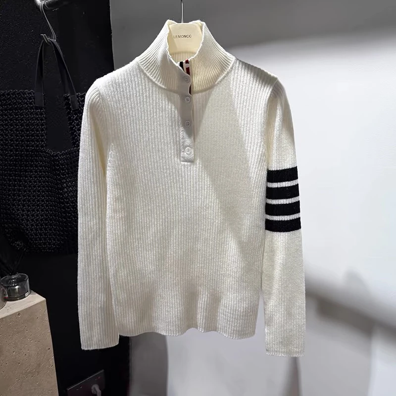 04韩版高领半开扣设计套头毛衣羊毛修身针织衫上衣