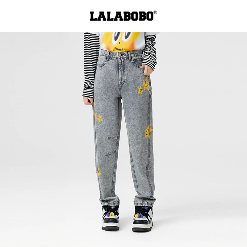 LALABOBO春秋水洗直筒宽松潮流印花水洗牛仔裤LBEA-WXZC17