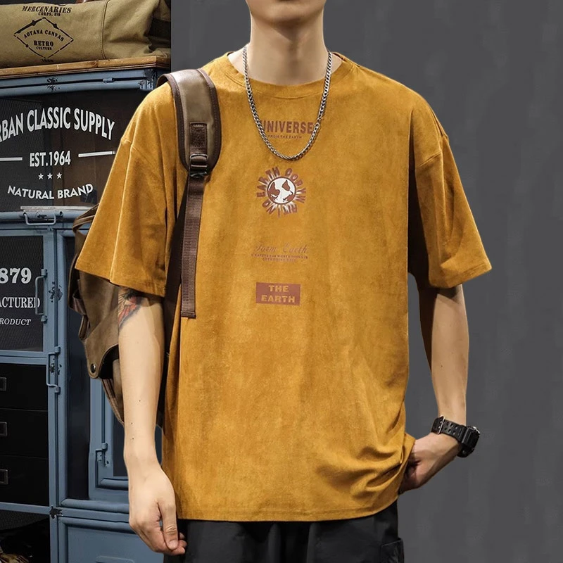 美式复古重磅麂皮绒短袖t恤男士宽松半袖圆领夏季大码印花五分袖T