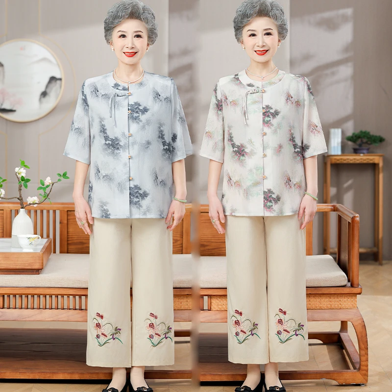 洋气夏装老年人休闲2025新款撤柜妈妈时尚高档装舒适奶奶装女套装