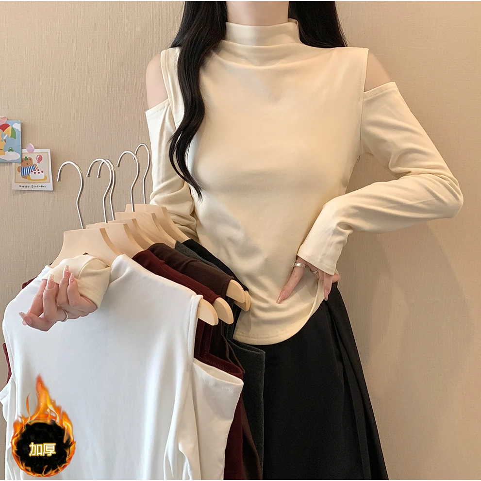 2024大码女装新款半高领纯欲风露肩长袖打底衫上衣3011