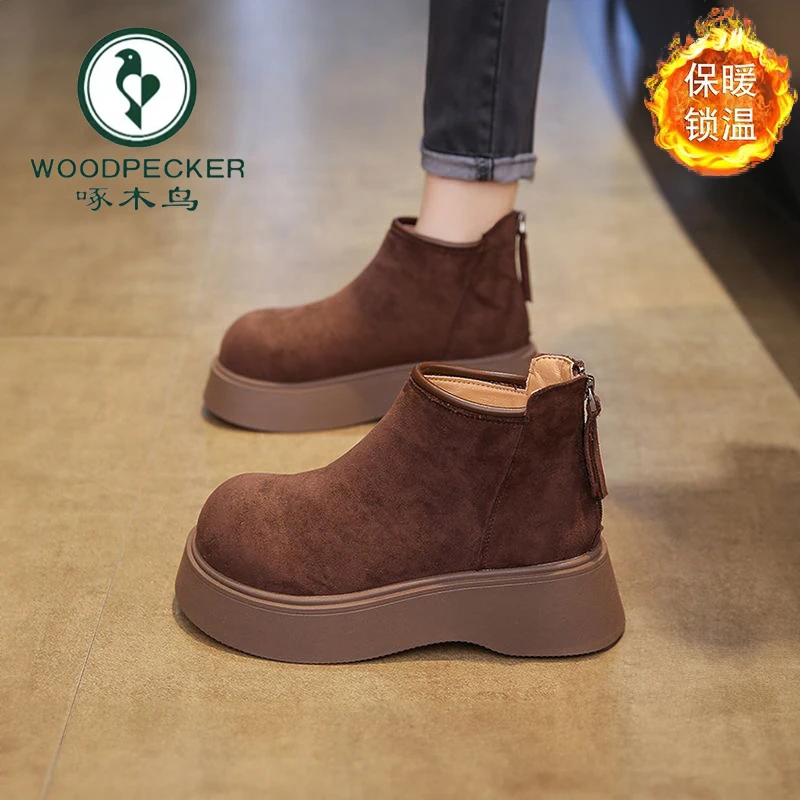 啄木鸟品牌加绒勃肯短靴女2025新款冬季复古厚底瘦瘦靴加厚短筒靴