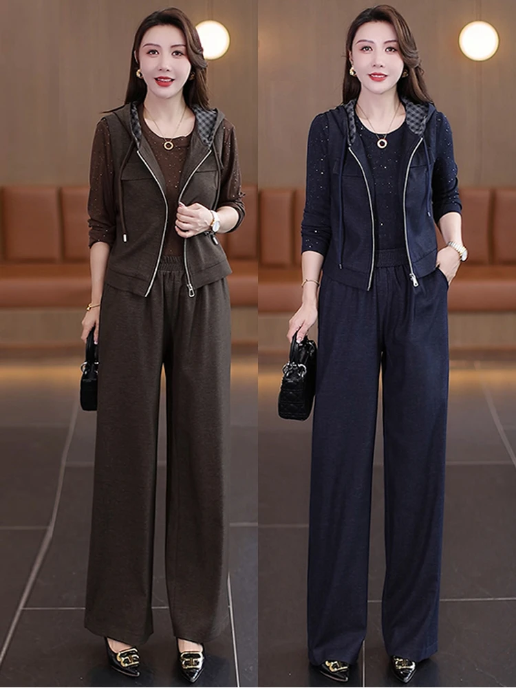 8972秋冬新款大码三件套套装套裤马甲打底长裤中年气质妈妈装