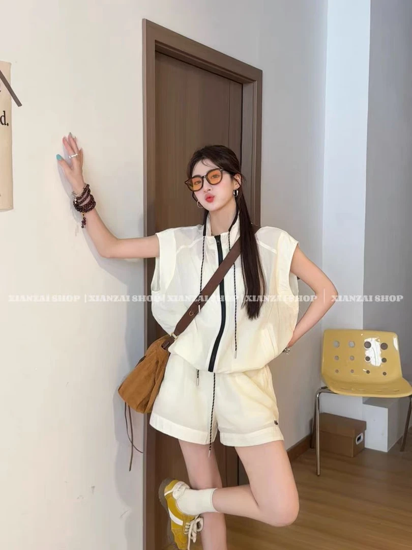 1152#夏时尚百搭显瘦立领拉链防晒衫+宽松休闲短裤套装（约46裤38）