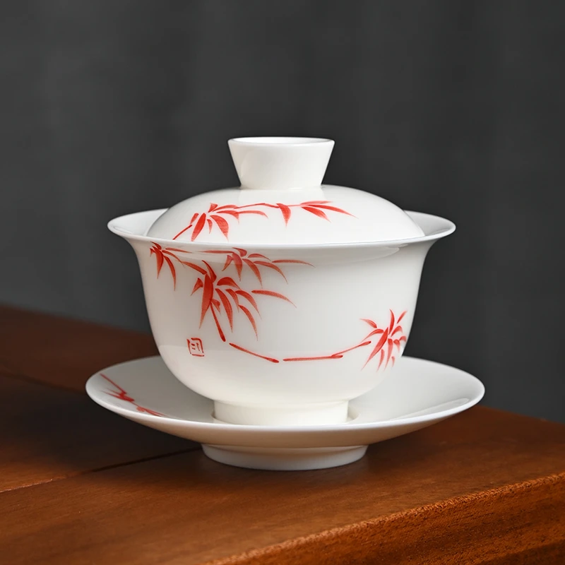 手绘红竹悬停盖碗茶杯功夫茶具薄胎羊脂玉白瓷不烫手泡茶碗敬茶碗