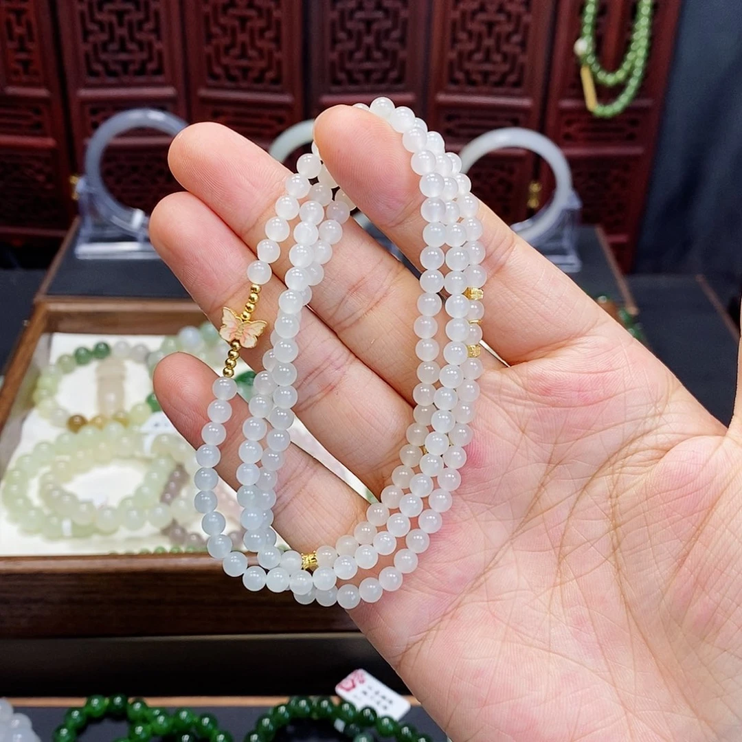 和田玉手串银S925镶嵌白玉4.5