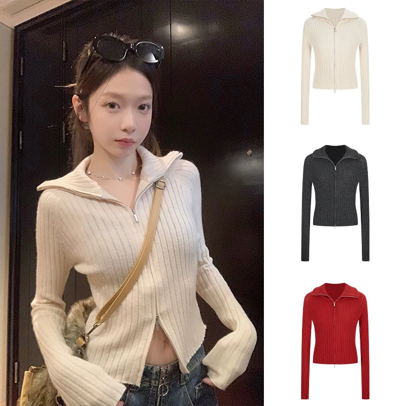 Moses Queen/魔西女王美式双拉链立领针织开衫掐腰辣妹短款上衣