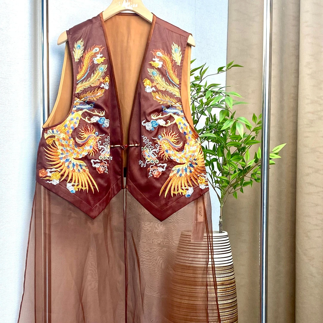 【名颖优品】香云纱桑蚕丝刺绣双凤马甲H480264V新中式绣花马夹