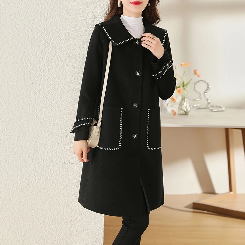 2025年新款春季双面羊毛大衣女中长款高端显瘦海军领黑色毛呢外套