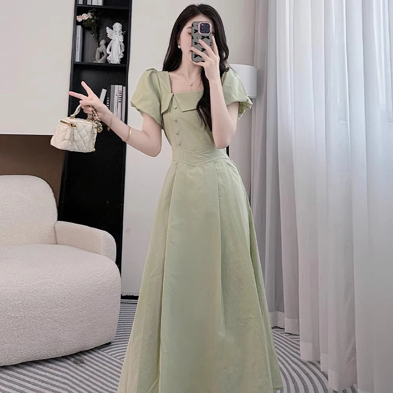 绿色连衣裙女夏2025新款收腰御姐风长裙子D1357