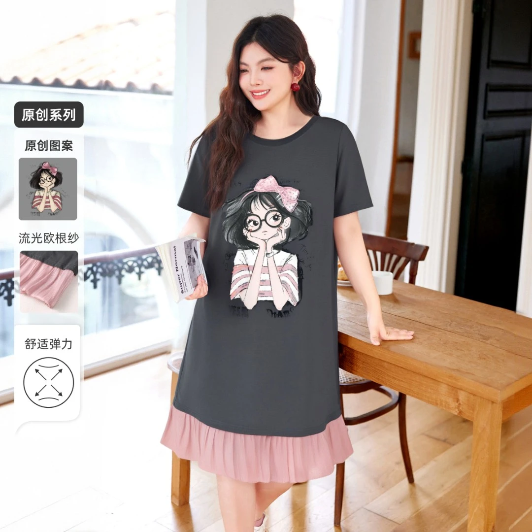 【双工艺卡通人鱼摆裙】MsShe大码夏休闲印花刺绣连衣裙K2507015