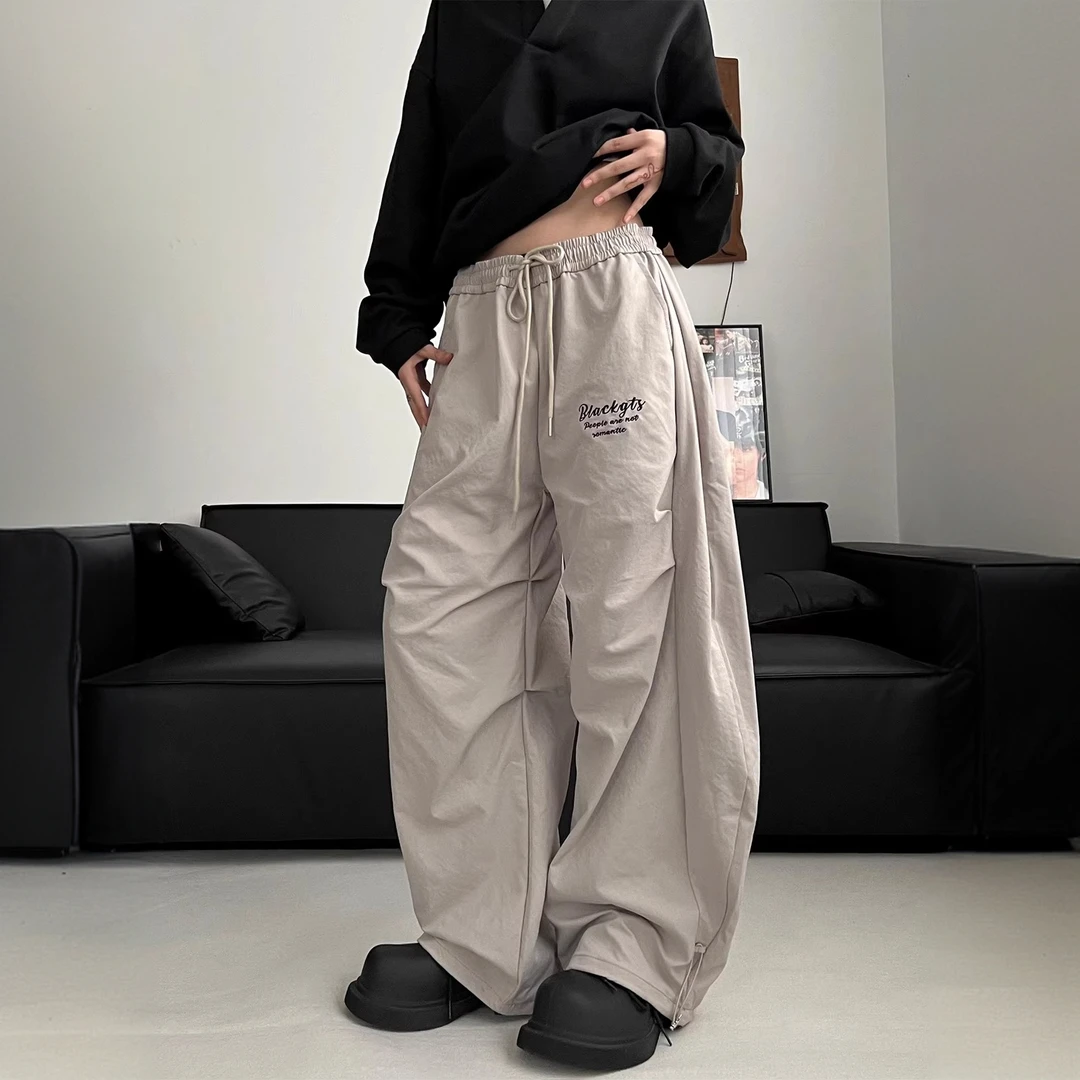 美式街头褶皱设计感加绒弯刀裤男女生春秋宽松阔腿拖地舞蹈休闲裤