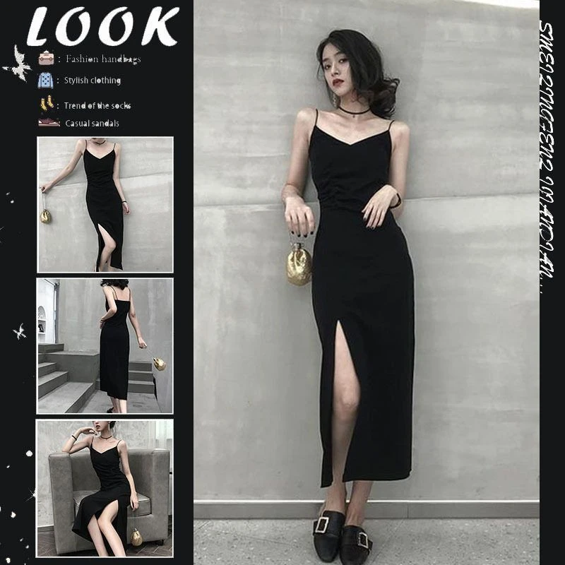 黑色性感辣妹吊带连衣裙子女夏2025年新款法式赫本风气质开叉长裙