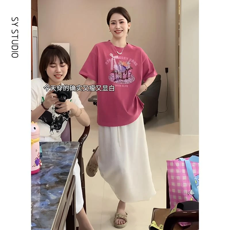 VOCKOO官方独特绝美漂亮小套装别致趣味印花圆领短袖T恤中长款半