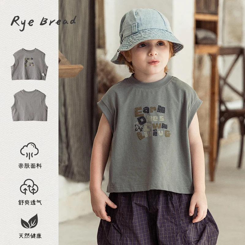 ryebread/黑面包童装 韩版男小童字母印花圆领无袖背心T恤 5夏