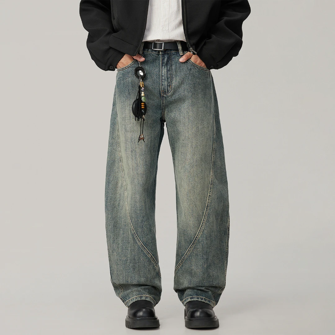 美式弯刀牛仔裤男士潮牌2025秋季复古宽松阔腿时尚百搭直筒长裤男