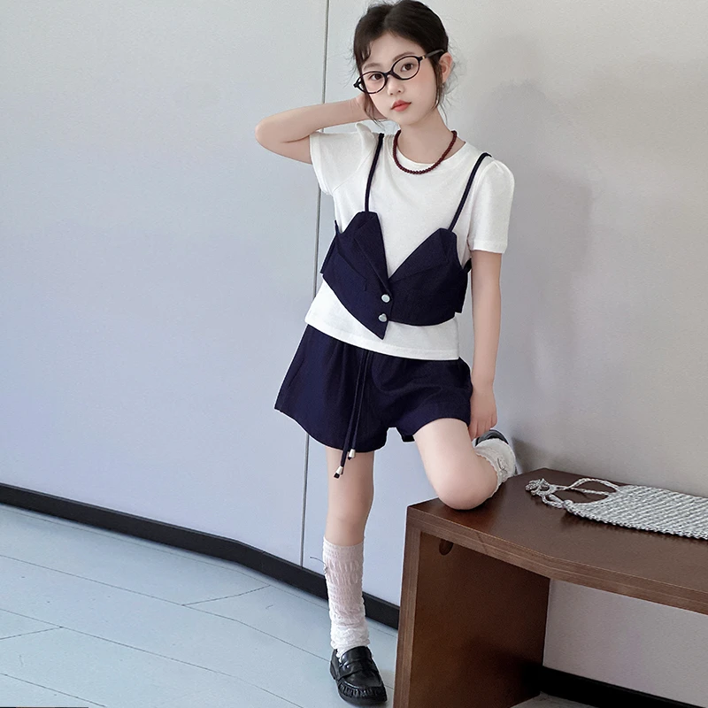 女童夏季假两件T恤短袖套装2025新款韩版儿童休闲短裤时髦两件套