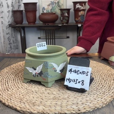 紫砂花盆超精品果绿泥仙鹤手绘