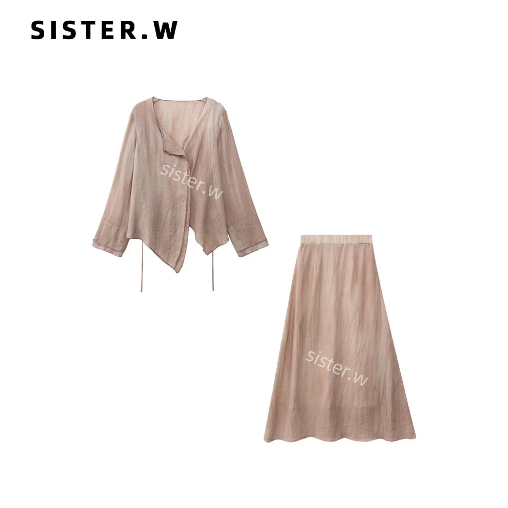 法式不规则系带设计小衫+半裙套装 2527