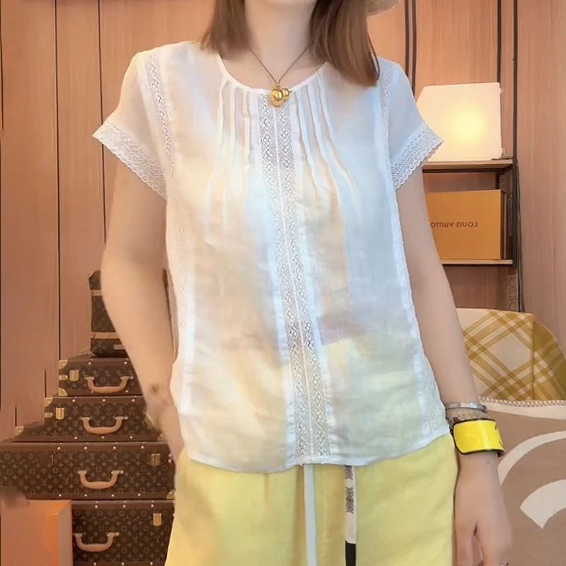 夏季款时尚蕾丝拼接飞飞袖轻薄衬衫女小个子遮肉显瘦圆领压褶小衫