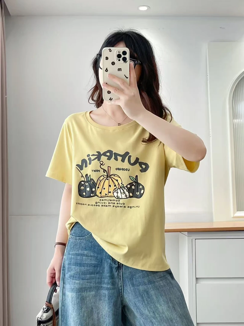 9047高克重棉质软糯显瘦舒适大码南瓜t恤夏季