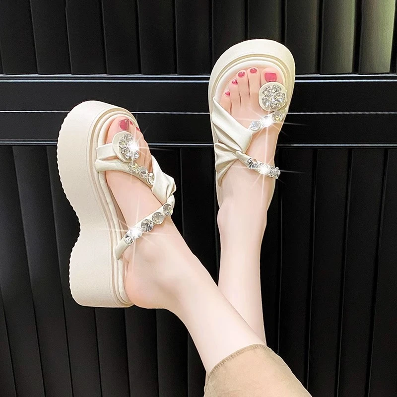 增高8CM水钻薄款套趾厚底高跟一字拖网红小众欧若精灵风