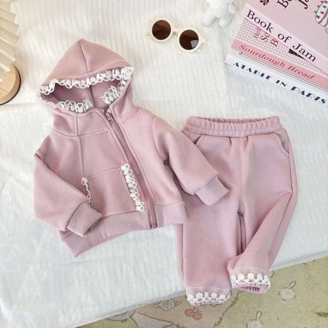 C【芝芝桃桃】女童春2025新款女宝蕾丝连帽外套裤子套装ZS-G-A32