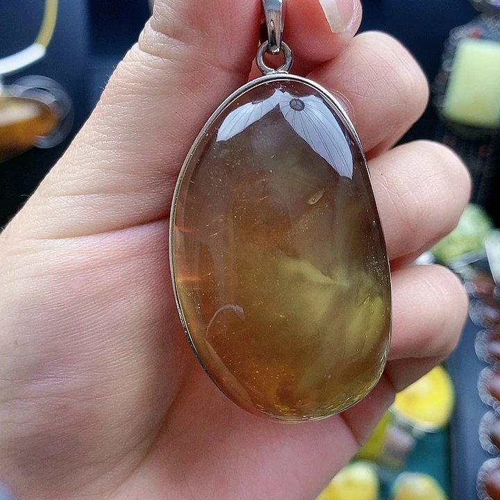 琥珀裸石银S925镶嵌坠