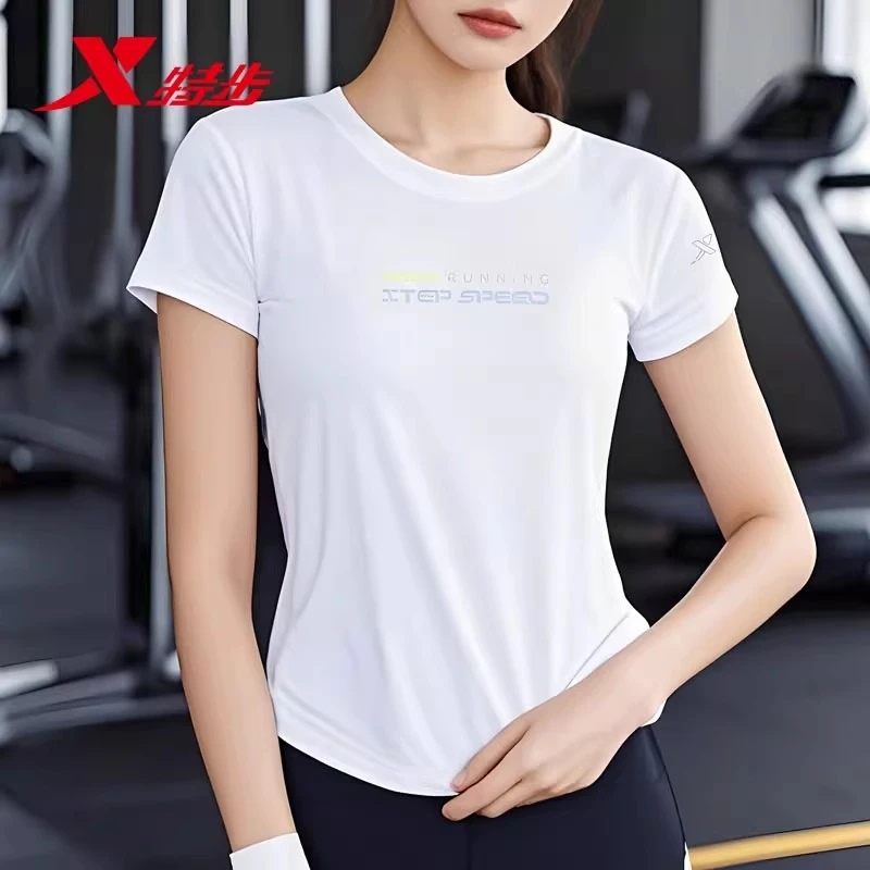 特步短袖T恤女夏季2025新款白色防晒抗菌冰丝正品弹力跑步运动服