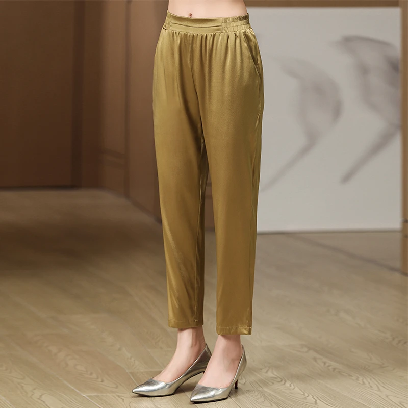 珂影依重磅真丝裤子女夏季新款松紧腰休闲裤直筒裤哈伦裤高腰裤