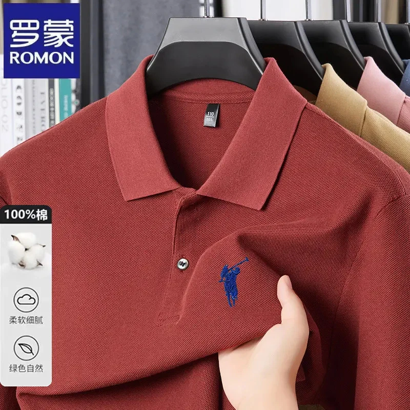 【100%棉】罗蒙纯色商务经典长袖Polo衫春秋季休闲男士翻领打底t恤