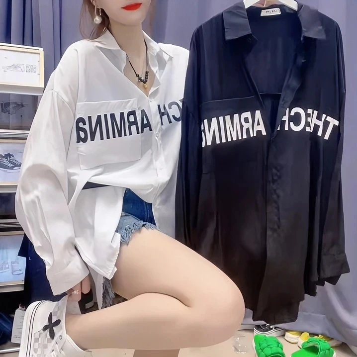 春夏款冰棉新款防晒宽松中长字母口袋百搭衬衫女长袖开衫防晒衬衣