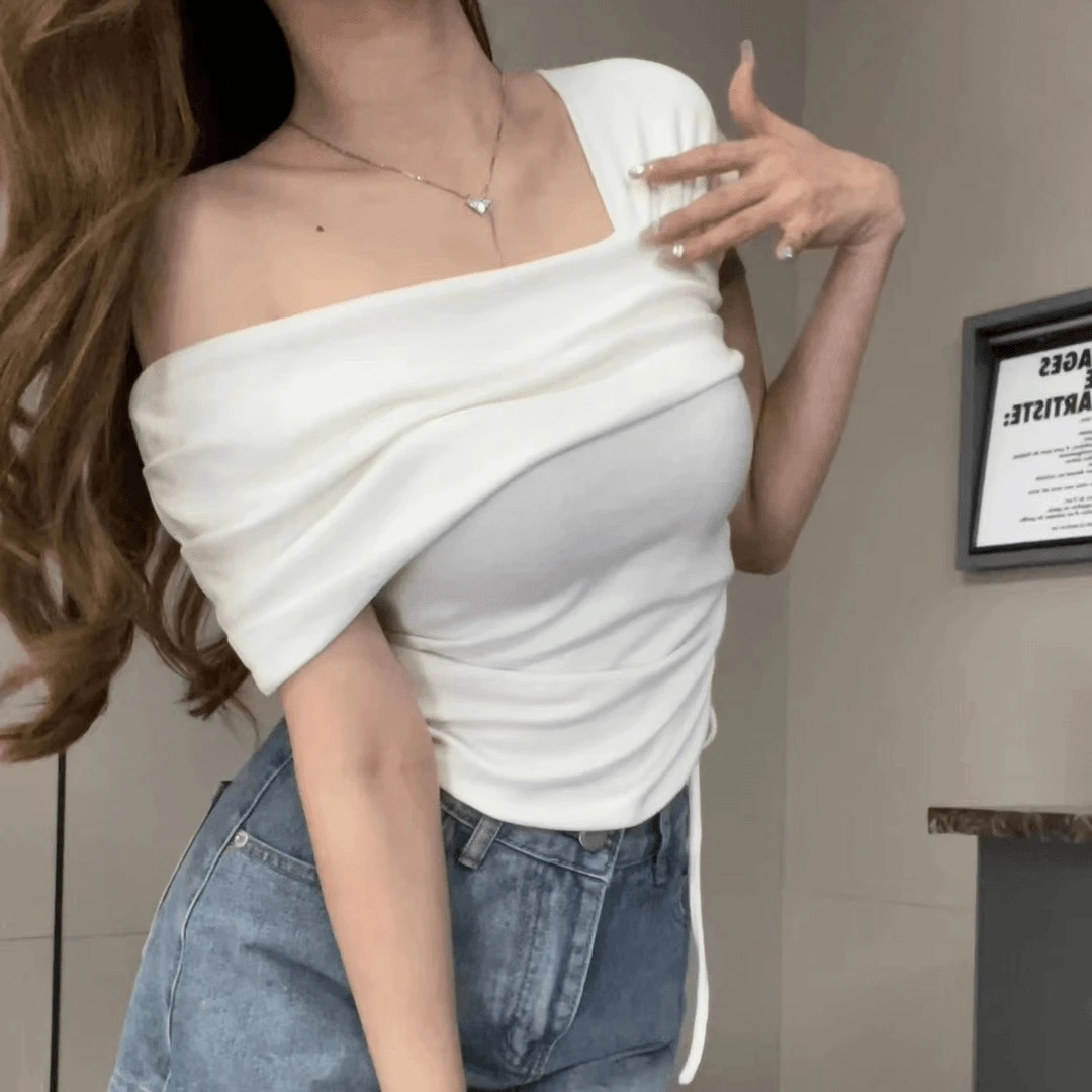 【现货】纯欲风辣妹显瘦内搭T恤夏季小众露肩设计感上衣6566