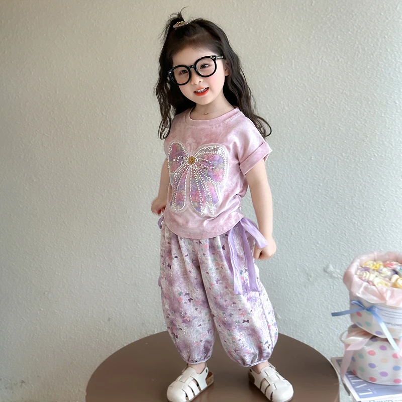 女童蝴蝶结扎染短袖套装洋气儿童夏季新款女宝宝休闲两件套小女孩