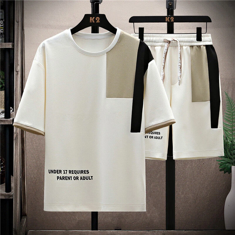 BIG男装【80-200斤】夏季男生短袖短裤两件套乳白/黑/卡其三色透气