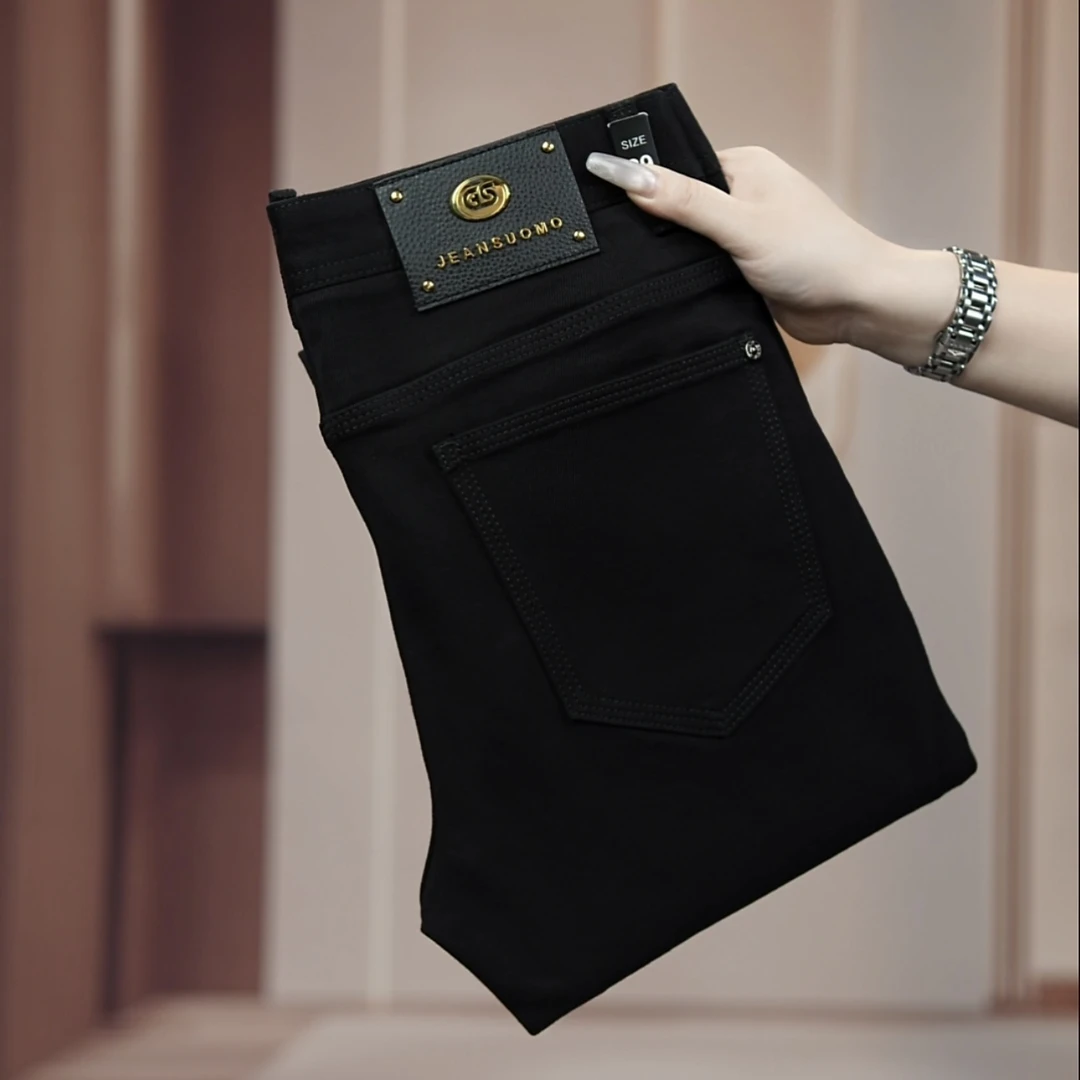 冬季新款男士轻奢男士黑色不掉色软牛仔中高腰修身直筒裤百搭潮流